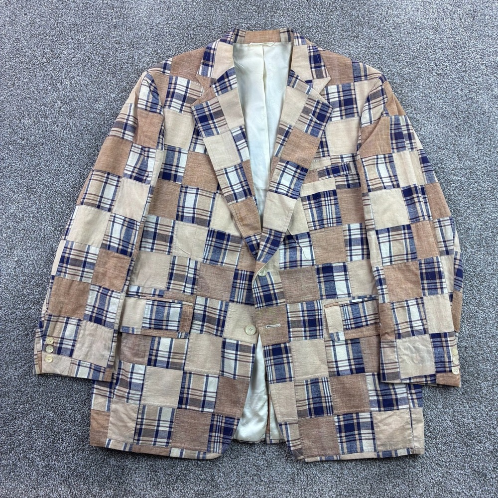 Vintage John Weitz Blazer Mens 46 Brown India Madras Patchwork Plaid Sport Coat